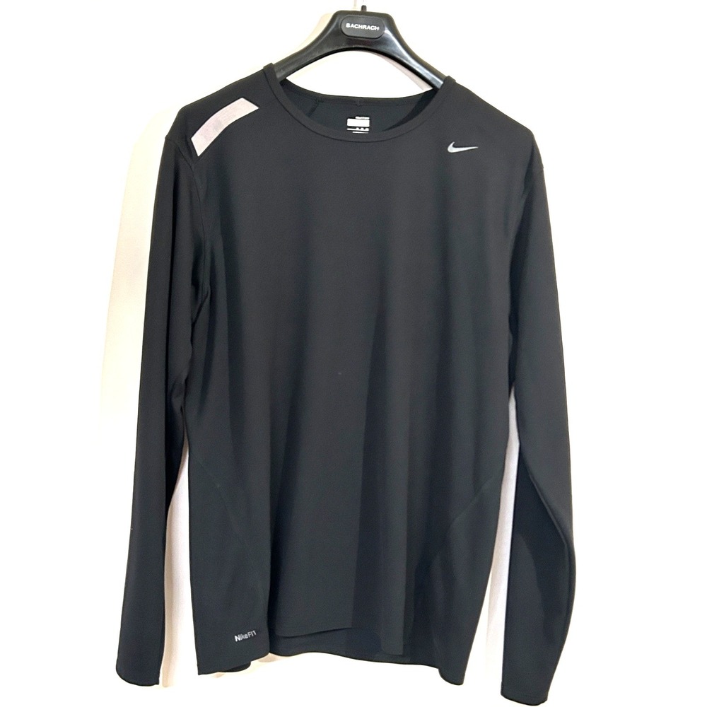 Nike Dri-Fit Long Sleeve Shirt Men's Black Polyester Loose Fit Logo Size XL